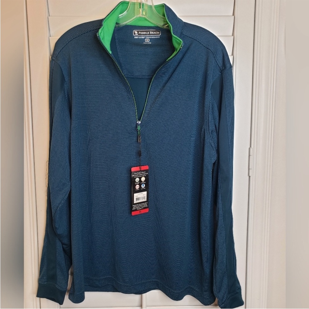Pebble Beach Men's Teal Zip-Up Performance Sweater with Green Collar